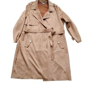 NEW Nygard camel faux suede trench coat 1XL plus size belted gold buttons